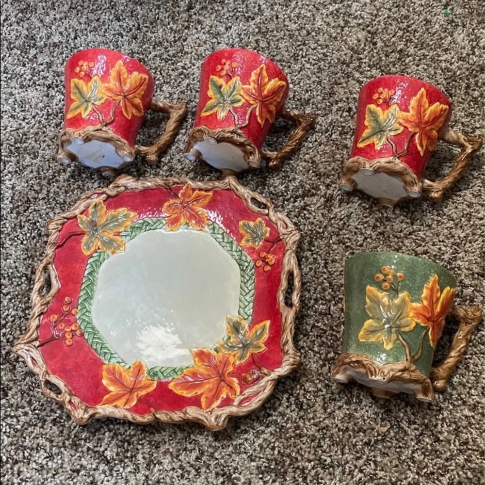 Fall serving plate and 4 mugs